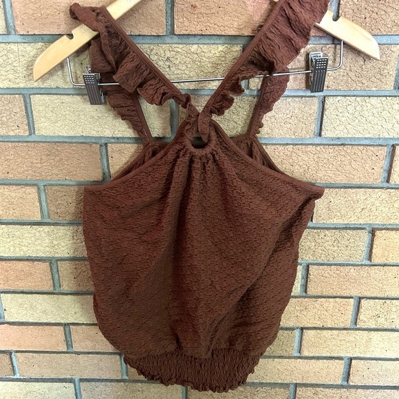 Anthropologie Marisol Ruffled Halter Top‎ Textured Brown Medium Summer Stretchy - Picture 3 of 7